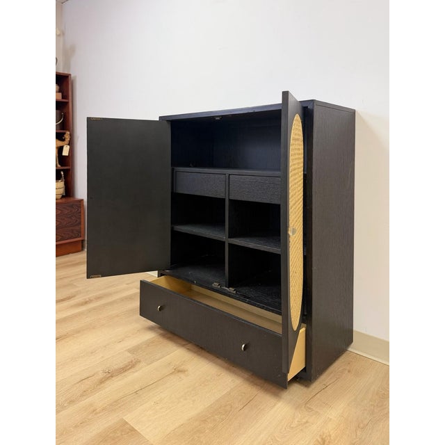 Black Bobby Berk Modern Black Tallboy Cabinet, Beige Oval Cane Inlay MCM Style For Sale - Image 8 of 12