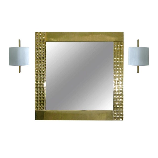 Pair vintage sconces, minimalist brass structure with convex shaped glass shades with a ribbed pattern dimensions: 10.23...