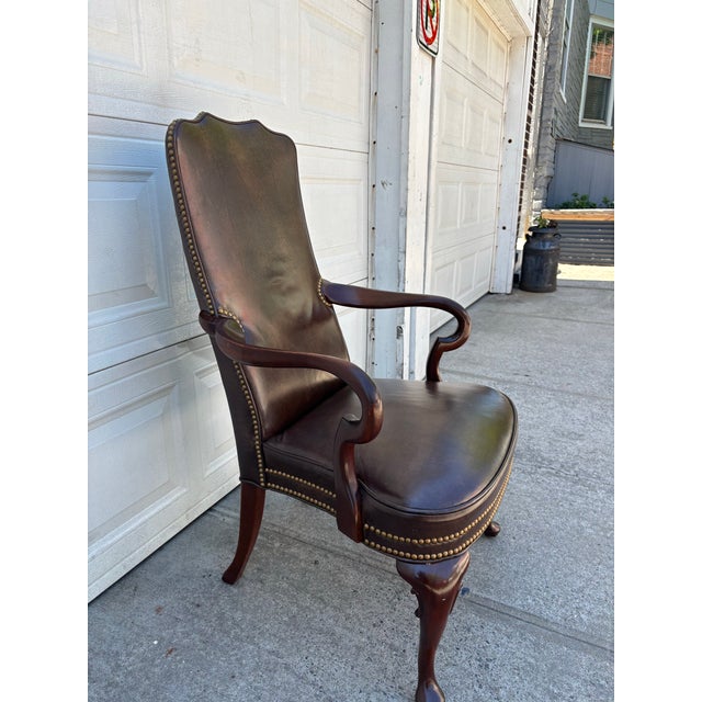 Queen Anne Vintage Hickory Chair Leather Library Armchair | English Georgian Queen Anne Style Accent Chair For Sale - Image 3 of 12