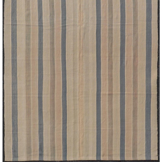 Sand Vintage Turkish Gallery Kilim With Soft Neutral Stripes in Blue and Sand For Sale - Image 8 of 12