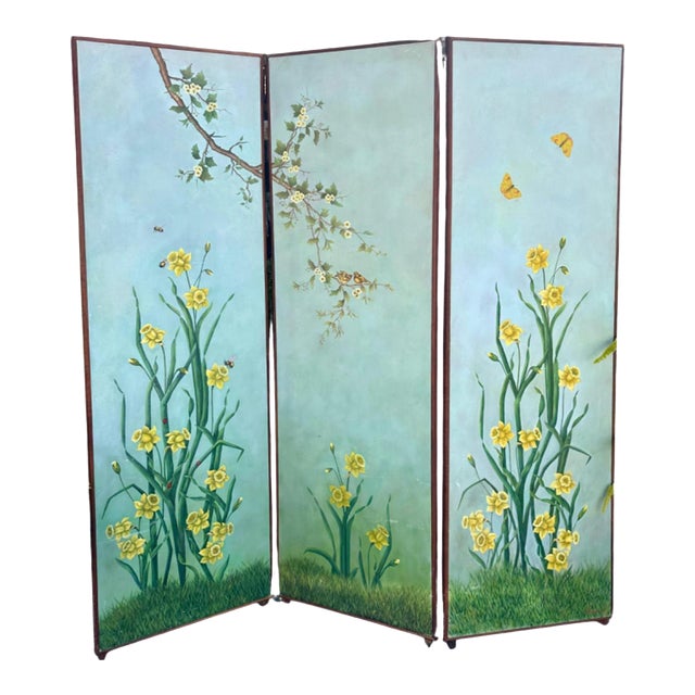 Vintage Chinoiserie Painted Scenic Floor Screen Room Divider | Chairish