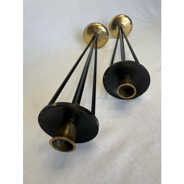 A Pair of MId Century Modern Black Metal and Brass Candlesticks For Sale - Image 10 of 10