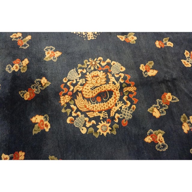 Chinese 1920s Navy Dragon Classic Greek Key Antique Chinese Peking Wool Rug 7' 3"x 9' 8" For Sale - Image 3 of 9