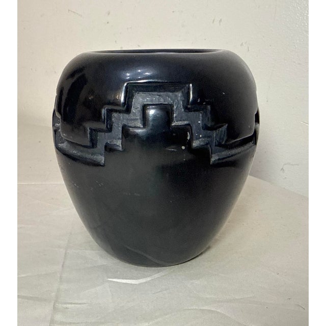 1930s Antique Handmade Santa Clara Pueblo Native American Black Pottery Blackware Vase For Sale - Image 5 of 11