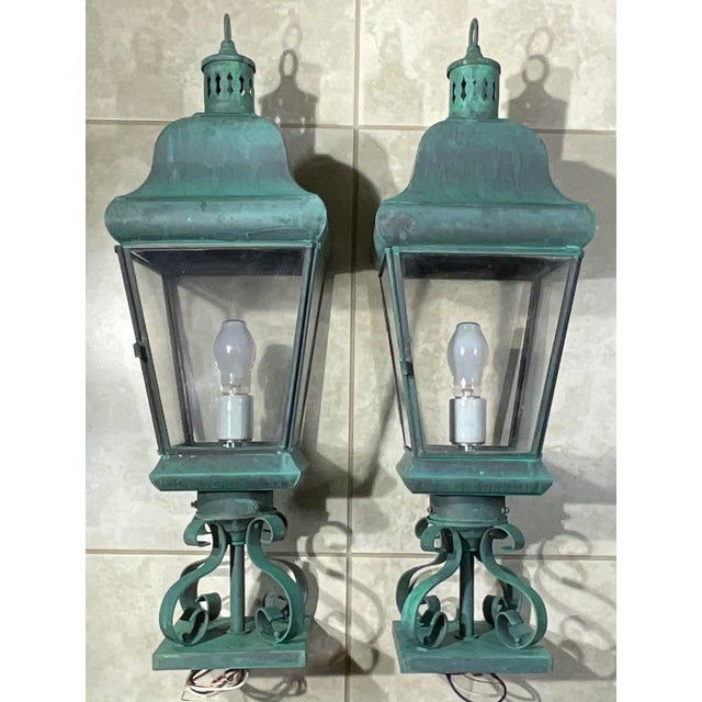 Pair of Vintage Solid Brass Post Lanterns. 27”h X 8”.5 X 8”.5 For Sale - Image 9 of 16