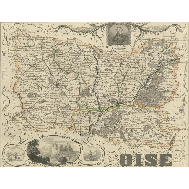 Antique Decorative Map of Oise by Vuillemin, France, 1850 For Sale - Image 4 of 10