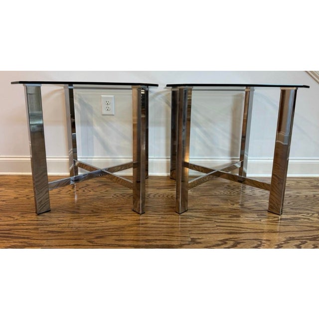 Mid-Century Modern Pair of Vintage MCM Chrome & Glass X - Base End Tables For Sale - Image 3 of 8