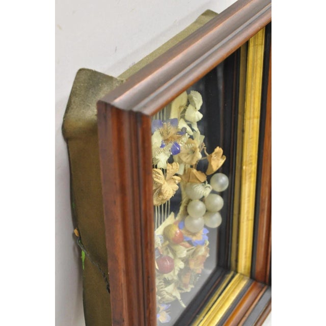 Early 20th Century Antique Victorian Harp Design Flower Mourning Wreath Mahogany Shadow Box Frame For Sale - Image 5 of 11