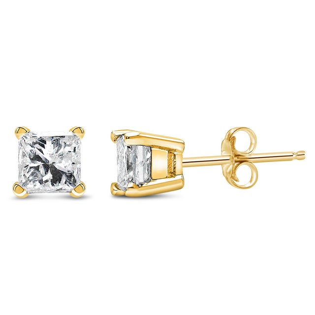 Contemporary IGI Certified 14k Yellow Gold 1/3 cttw 4-Prong Set Princess-Cut Solitaire Diamond Push Back Stud Earrings, A Pair (N-O Color, SI1-SI2 Clarity) For Sale - Image 3 of 7