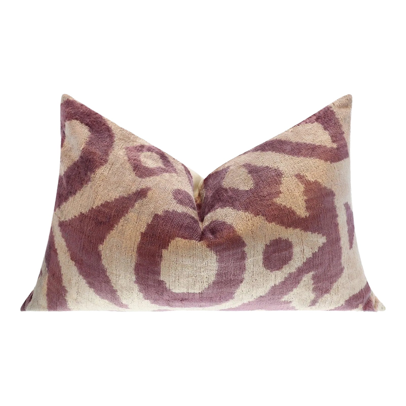 Handmade Ikat Silk Velvet Throw Pillow, Lavender and Cream With Down Feather Insert