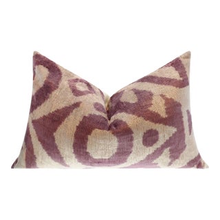 Handmade Ikat Silk Velvet Throw Pillow, Lavender and Cream With Down Feather Insert For Sale