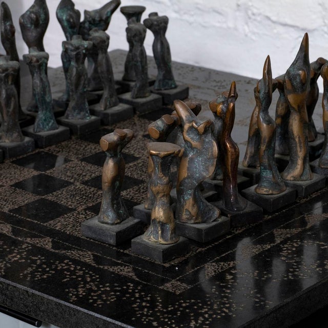 Brutalist style bronze and marble chess set For Sale - Image 4 of 15