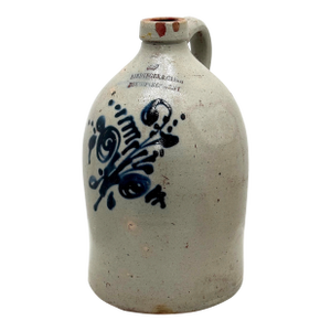 1870s Antique American Nice Blue Color Decorated 2 Gallon Stoneware Jug by Reidinger & Caire Poughkeepsie N Y