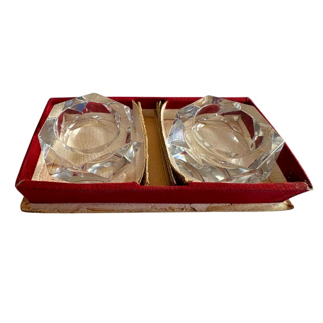 Mid-Century Modern 1950s Baccarat Cut Crystal Salt Cellars Salerons Pair With Original Box For Sale - Image 3 of 6