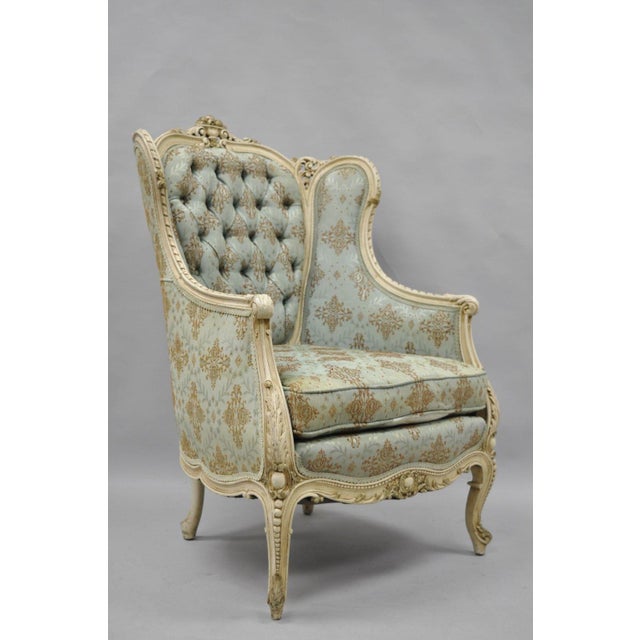 Antique French Louis XV Provincial Style Cream Painted Bergere Chair