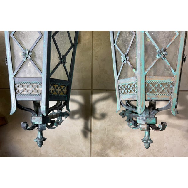 1980s Large Pair of Handcrafted Wall-Mounted Solid Brass Lanterns / Sconces For Sale - Image 16 of 18