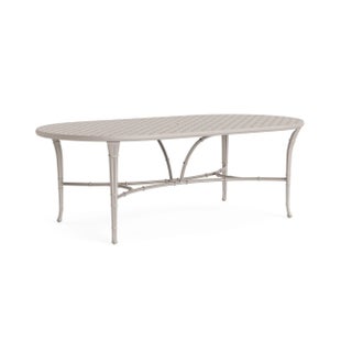 Brown Jordan Calcutta 44" x 86" Oval Cast Umbrella Dining Table, Dove frame For Sale