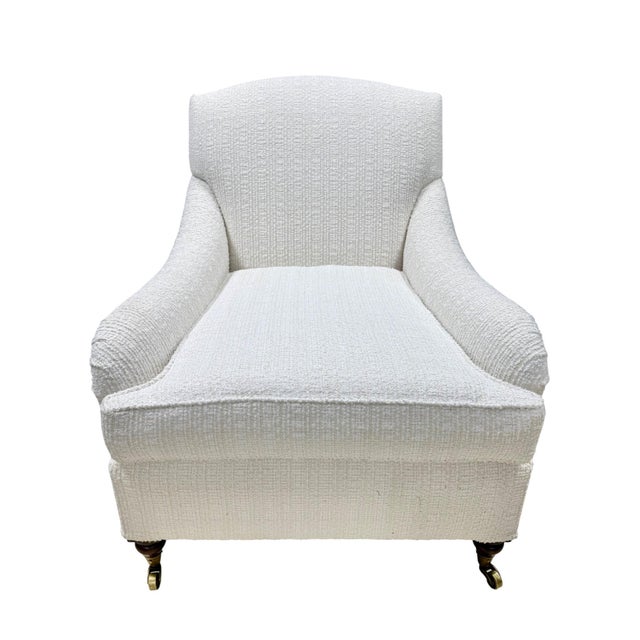Contemporary Pair of Pearl White Bouclé Armchair With Rolled Arms and Brass Casters For Sale - Image 3 of 6