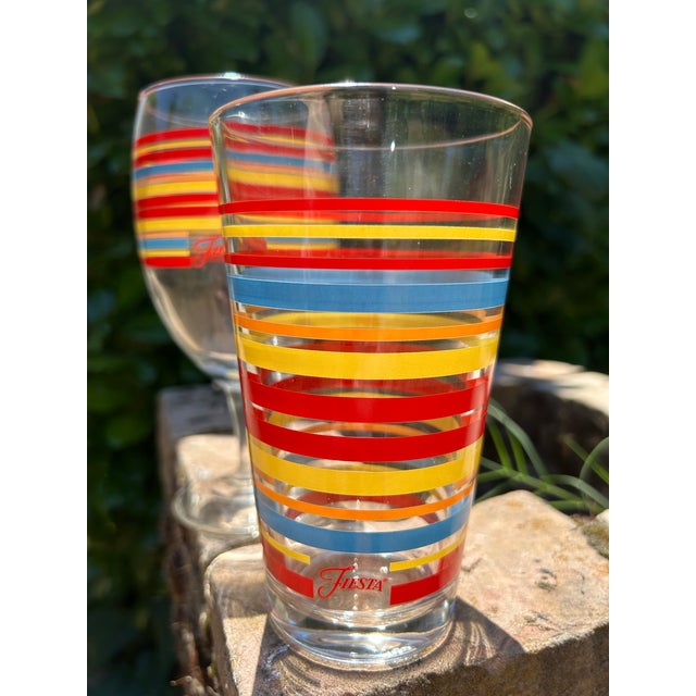 Vintage Fiesta Drinking Glasses and Two Water or Iced Tea Glasses - Red, Yellow and Blue Stripes With Fiesta Mark on Front Panel - Set of 6 For Sale In Sacramento - Image 6 of 11