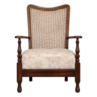 Vintage Upholstered Wicker Armchair For Sale