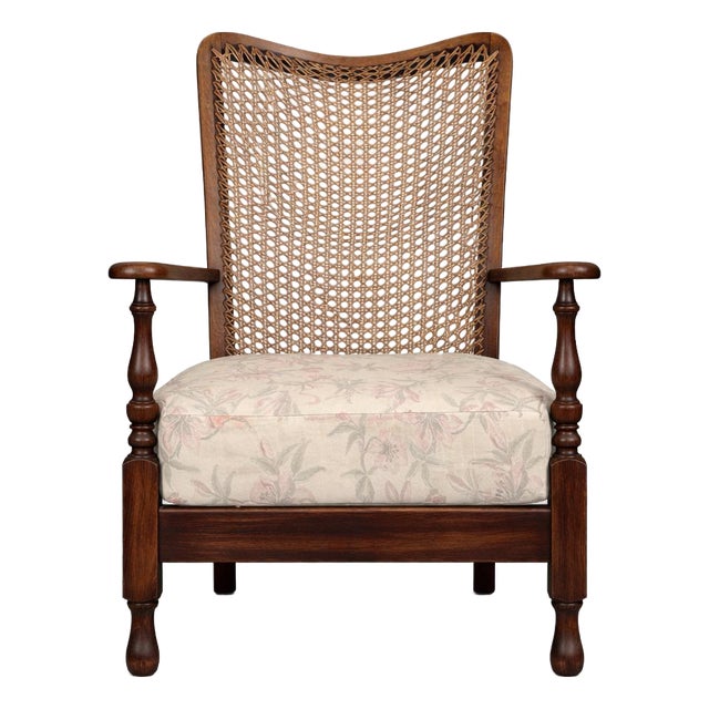 Vintage Upholstered Wicker Armchair For Sale