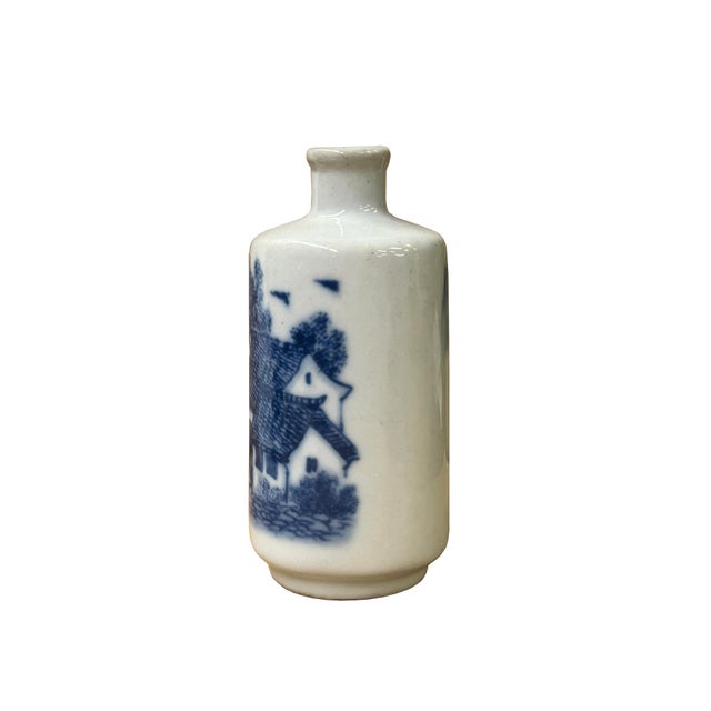 Asian Small Blue White Handpaint Scenery Graphic Porcelain Vase For Sale - Image 3 of 10