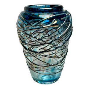 1994 Vintage David Van Noppen Threaded Art Glass Blue Vase Signed & Dated