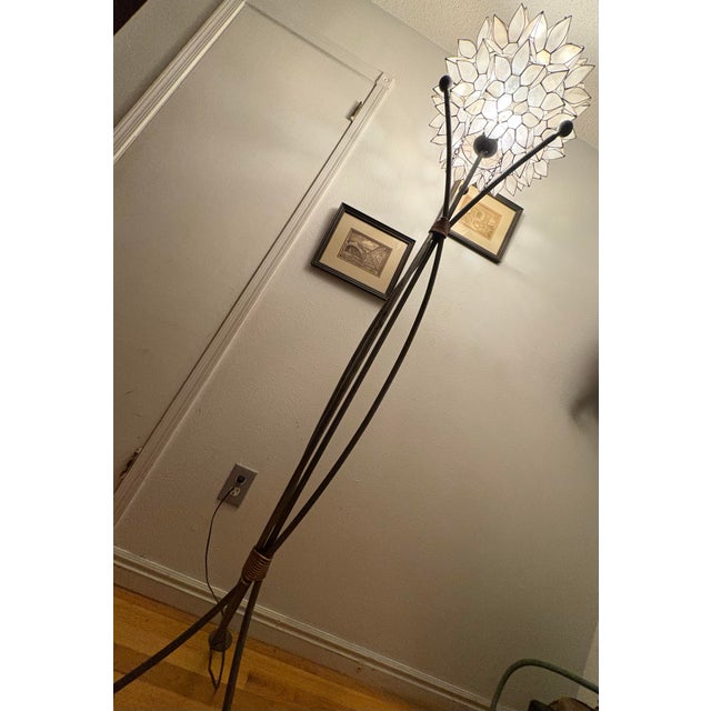 Vintage Brutalist Capiz Shell "Lotus" Floor Lamp With Hand-Wrapped Copper Binding For Sale - Image 4 of 12