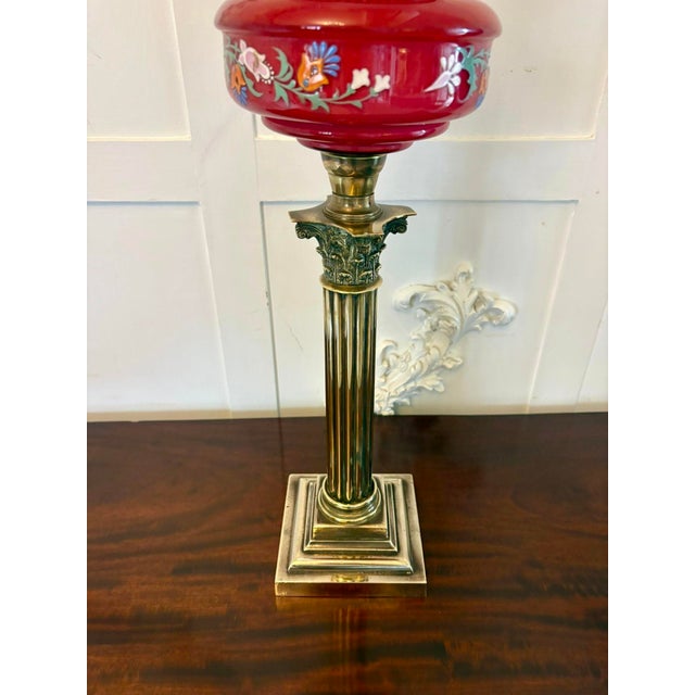 Mid 19th Century Antique Victorian Brass Oil Lamp with Cranberry Glass Font and Corinthian Column, 1860 For Sale - Image 5 of 8