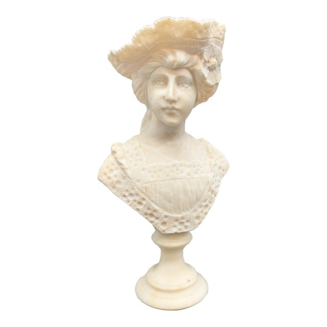 Antique Art Nouveau Carved Italian Alabaster Bust: Woman in Hat (After Cipriani) For Sale