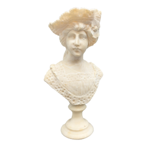 Antique Art Nouveau Carved Italian Alabaster Bust: Woman in Hat (After Cipriani)