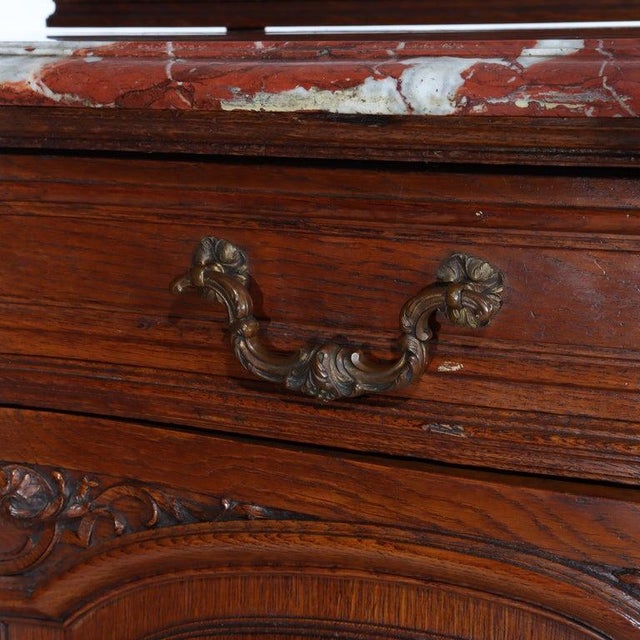 1910s Antique French Oak Rouge Marble Top Server With Backsplash C1910 For Sale - Image 5 of 18
