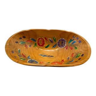 Vintage Mexican Folk Art Batea Hand Painted Wooden Oval Bowl For Sale