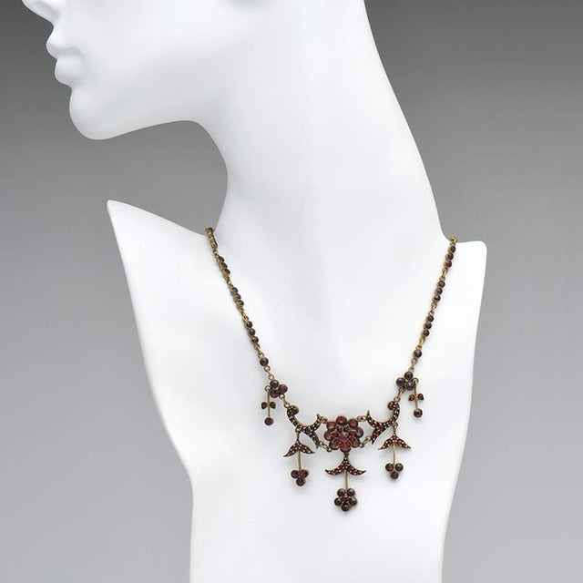 Vermeil Bohemian Garnet Floral Drop Necklace For Sale - Image 4 of 4