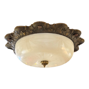 Early 1900’s Steuben Calcite Flushmount With Acid Cut Iridescent Shade Supported by Cast Brass Hardware