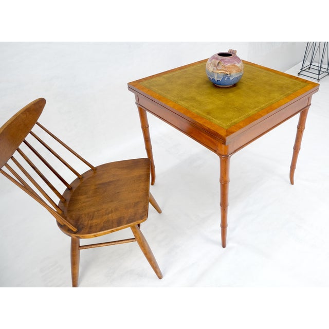 Kittinger Fine Olive Green Leather Top Faux Bamboo Legs Flip Game Dining Table MINT For Sale - Image 4 of 14