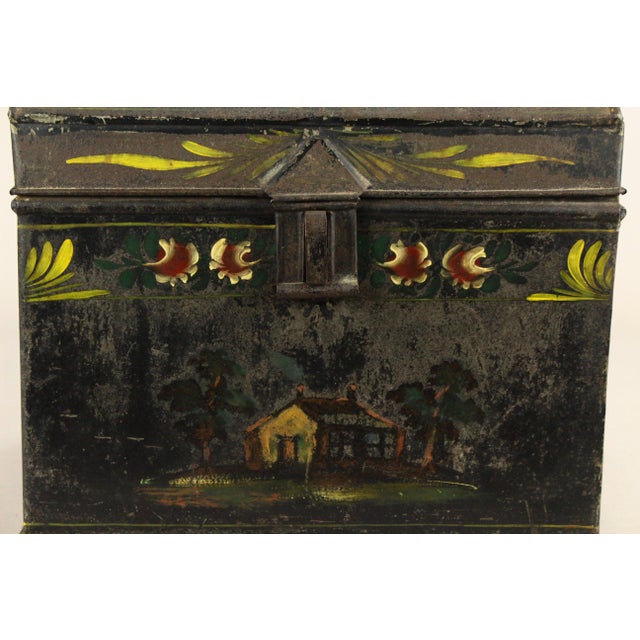 1850's Tin Toleware Chest Box W Latch, Hand Painted, Pennsylvania Folk Art For Sale In Houston - Image 6 of 15