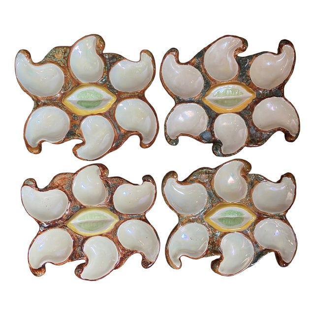 Vintage French Majolica Oyster Plates from Vallauris, 1950s, Set of 4 For Sale