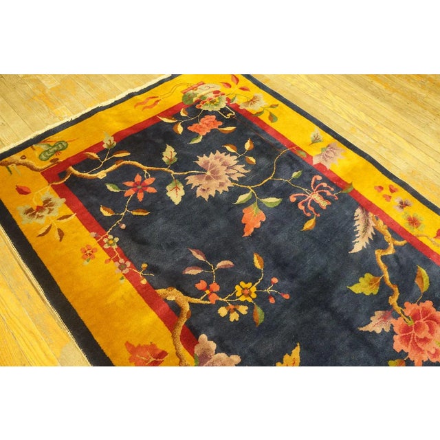 1920s Lovely Navy Blue Background and Yellow Gold Border Color With Floral Design Antique Chinese Art Deco Rug For Sale - Image 5 of 12