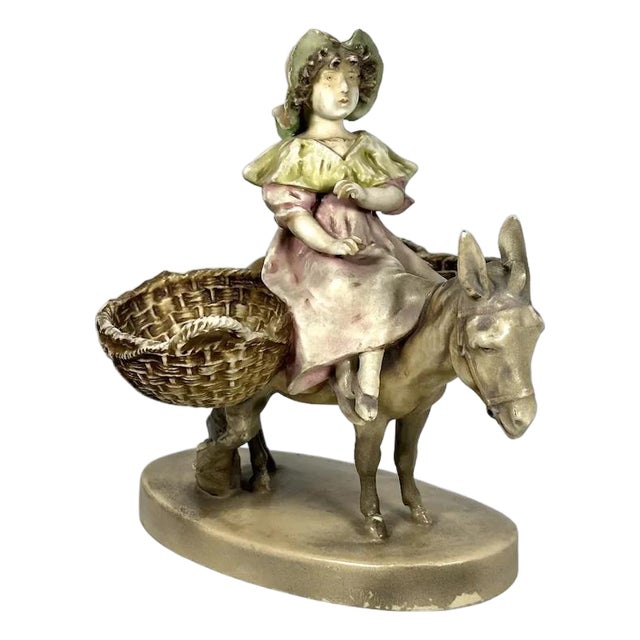 Stellmacher Teplitz Porcelain Figurine: Girl on Donkey, Restored Antique For Sale