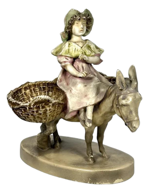 Stellmacher Teplitz Porcelain Figurine: Girl on Donkey, Restored Antique