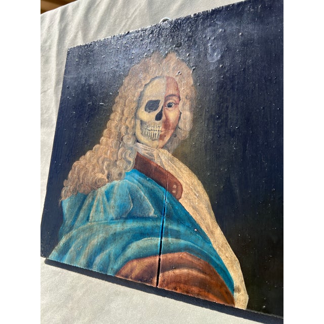 Memento Mori Baroque Style Oil on Wood Panel Portrait Painting a French Nobleman With Dual Faced Man For Sale In Palm Springs - Image 6 of 12