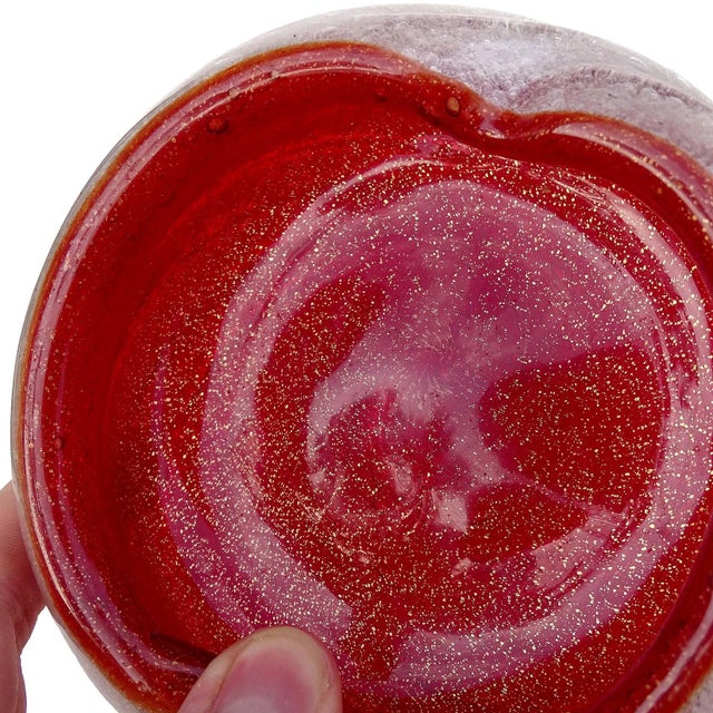 Glass Vintage Murano Seguso Vetri d'Arte Gold Flecks Red Pulegoso Technique Italian Art Glass Ashtray Bowl For Sale - Image 7 of 8