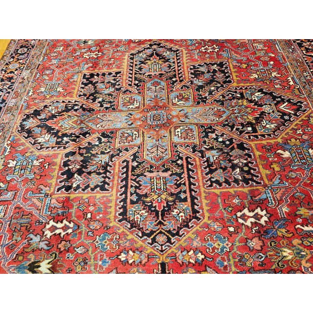 Vintage Oversize Heriz Rug, Hand-Knotted Geometric Pattern, Red & Ivory, 11’ X 19’ For Sale - Image 12 of 12