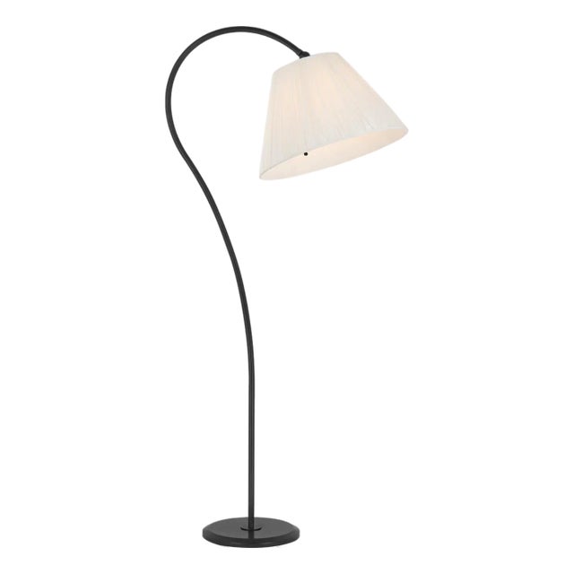 Amber Lewis by Visual Comfort Signature Dume Large Arched Floor Lamp in Aged Iron with Silk Pleated Shade For Sale