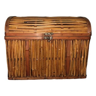 Vintage Bamboo Woven Chest With Lid For Sale