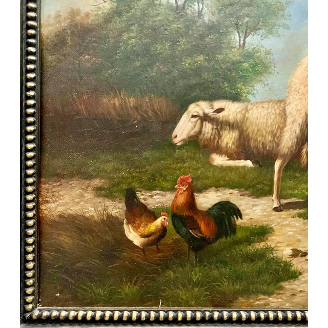 Late 20th Century Late 20th Century Realist Oil Painting, Chicken and Sheep in Nature, Signed & Framed, 36"w For Sale - Image 5 of 8