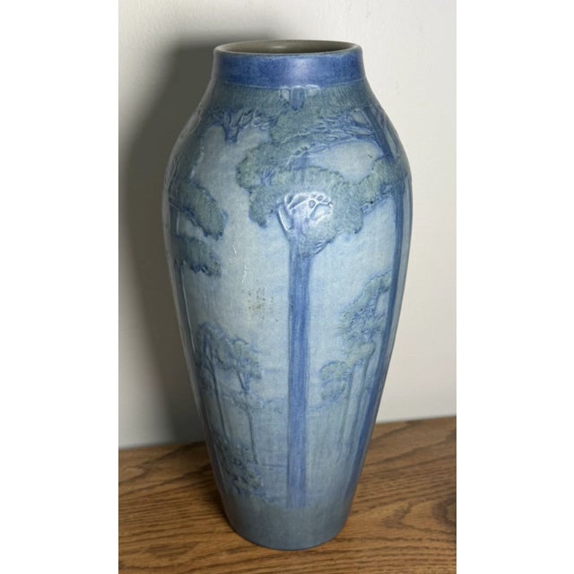 American Rare 1919 Sadie Irvine for Newcomb College Pottery "Moon & Pine Trees" Matte Glaze Vase For Sale - Image 3 of 8