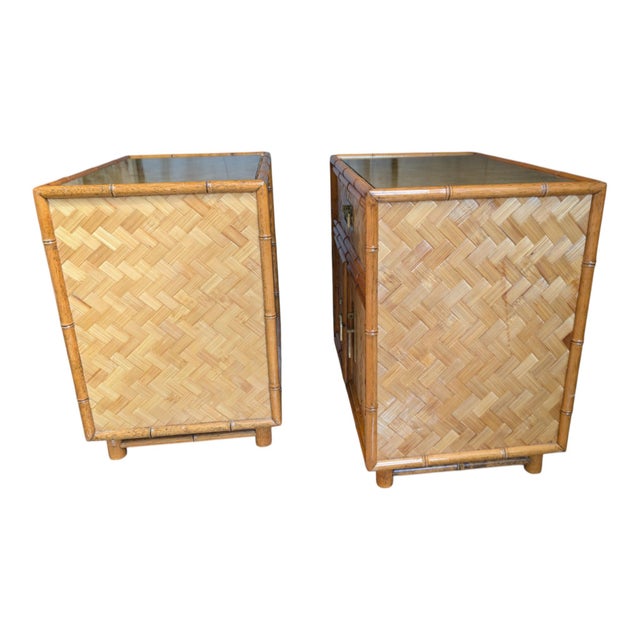 Dixie Vintage Faux Bamboo Pair of 2 Nightstands With Herringbone Parquet Rattan Fronts, in the Style of Dixie For Sale - Image 4 of 13