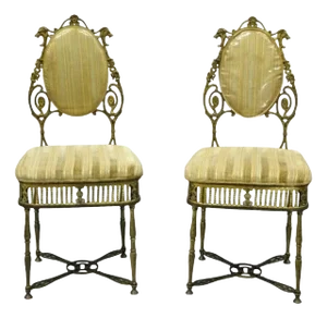 Late 19th Century Antique Victorian Bronze Brass Oscar Bach Style Parlor Salon Side Chairs - Pair